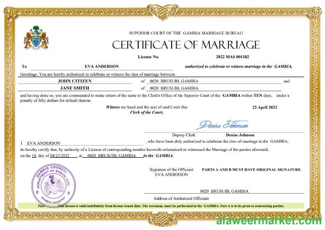 Gambia marriage certificate Word and PDF template
